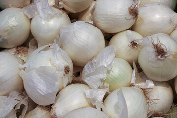 lot of white onions vegetables in a pile on the window sold in the store