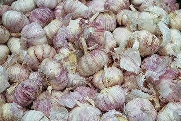 many heads of white garlic with husks and cloves are on sale in the store in a box