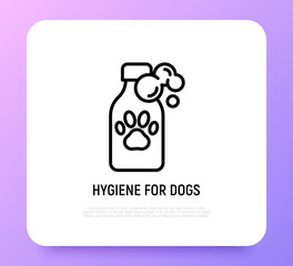 Pet shampoo thin line icon: bottle with paw. Modern vector illustration for pet shop.