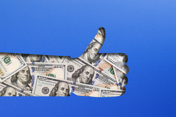 Dollar heap in thumbs up shape. Money finance growth concept, dollar moving up