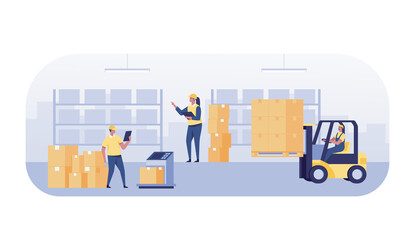 warehouse with boxes and employees managing goods. Inventory stock and warehouse shelves for product storage.