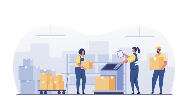 warehouse with boxes and employees managing goods. Weigh the box, worker Check inventories.  Inventory stock and warehouse shelves for product storage.