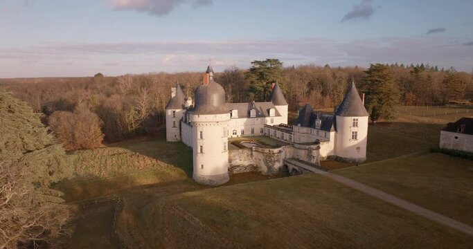 Aerial shot of the castle of the Gu&eacute; P&eacute;an by sunset in Monthou-sur-Cher, next to the Loire Valley, in France.