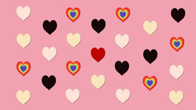 Multinational and valentine concept.Various ethnicities hearts on pink background.