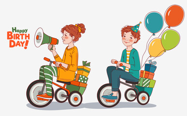 Cute boy and girl rides on bicycle. Funny kids having fun. Happy Birthday vector illustration. Girl shouting on the megaphone