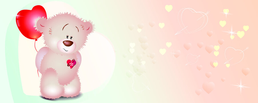 Pink teddy bear with a balloon. Festive banner