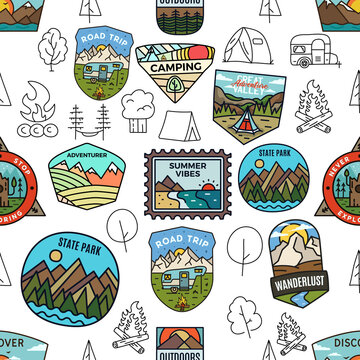 Outdoor activity and adventure design. Seamless pattern