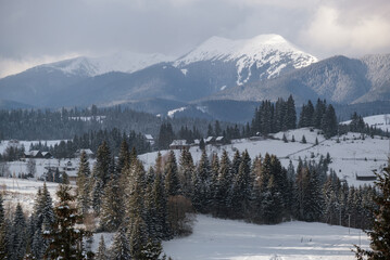 Winter remote alpine mountain village outskirts, countryside hills, groves and farmlands.