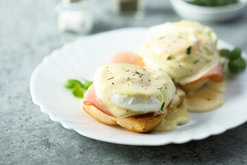 Traditional homemade Benedict eggs with ham