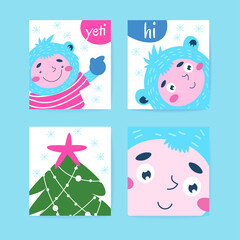 Set of Christmas greeting card with a cheerful fabulous Yeti.