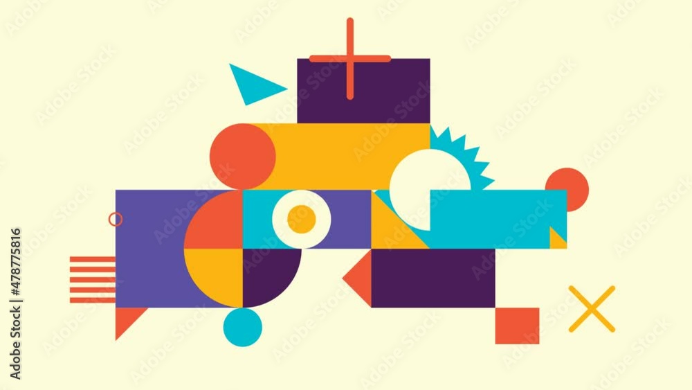 Poster geometric composition in abstract style made of various colorful shapes.