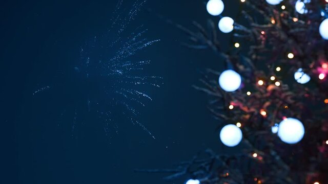 Christmas tree and fireworks in the sky.