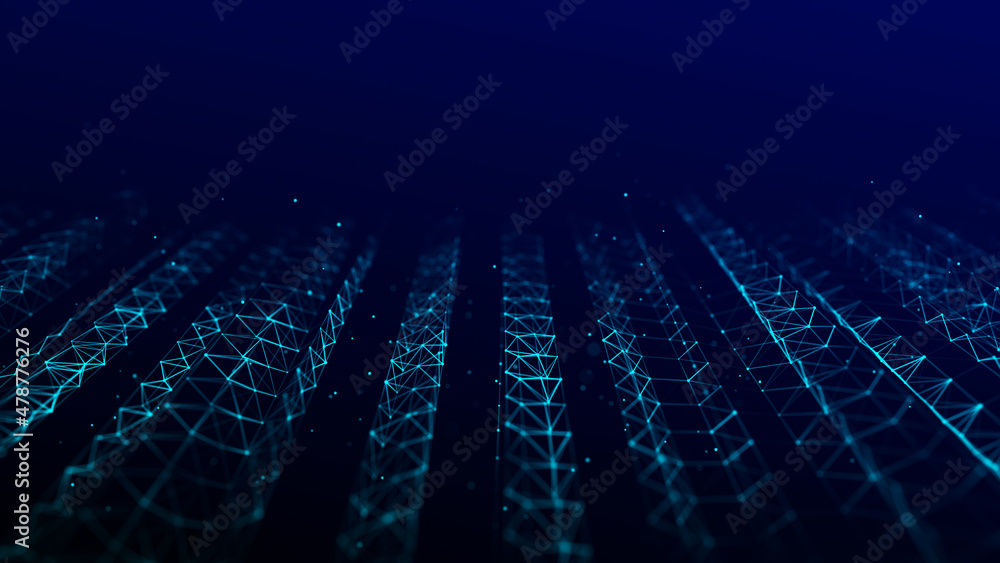 Poster dynamic flow of digital particles. network connection structure. big data visualization. 3d renderin