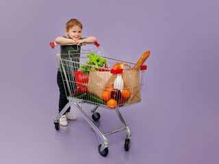 A boy smiles sitting in a grocery cart. Isolated concept image of the shopping with cjpe space.