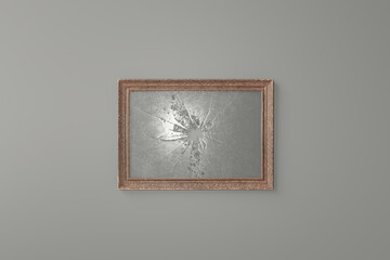 3d rendering of vintage picture frame with broken glass plate in front of grey background