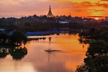 Fototapeta na wymiar The Shwedagon Pagoda in Yangon Myanmar Southeast Asia during the Sunset Timeline