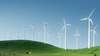 Fototapeta premium wind turbine power clean energy on meadow landscape 3d illustration
