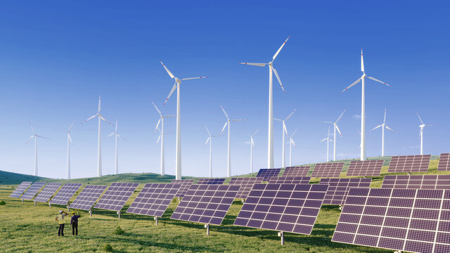 wind turbine power and solar cell clean energy in meadow lanscape 3d illustration