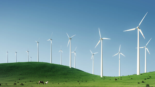 wind turbine power clean energy on meadow landscape 3d illustration