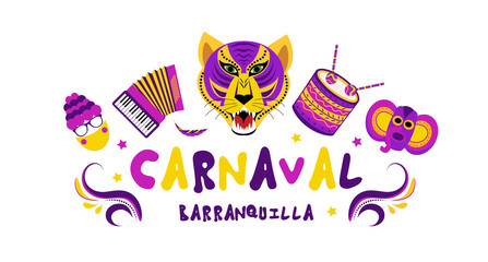 Barranquilla Carnival Poster banner. Carnival party masquerade template for your design. Vector illustration