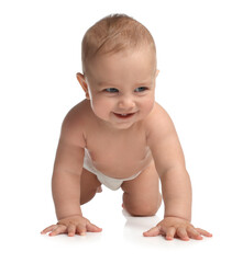 Cute little baby in diaper crawling on white background