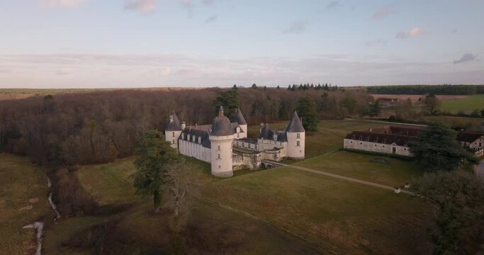Aerial shot of the castle of the Gu&eacute; P&eacute;an by sunset in Monthou-sur-Cher, next to the Loire Valley, in France.
