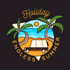 Summer adventure sticker badge design. Surfing car with palms on the beach logo emblem. Holiday - endless summer quote. Stock graphics
