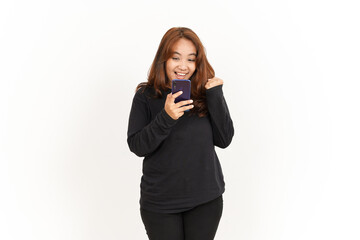 Holding and Using Smartphone Of Beautiful Asian Woman Wearing Black Shirt Isolated On White