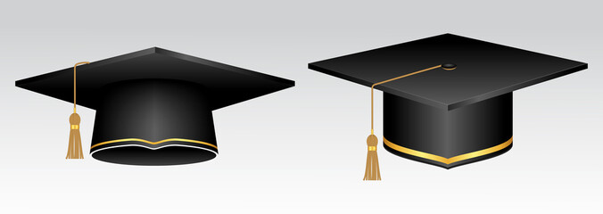 Set of realistic university graduation cap or diploma graduation black cap or graduate cap at college ceremony and achievement academic degree. eps vector