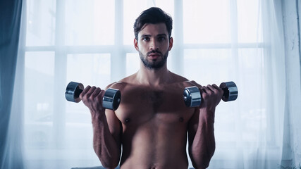 Fototapeta na wymiar muscular young man training with heavy dumbbells