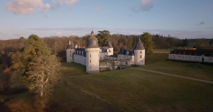 Aerial shot of the castle of the Gu&eacute; P&eacute;an by sunset in Monthou-sur-Cher, next to the Loire Valley, in France.