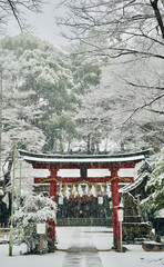 Japanese shinto shrine on a snowy winters day