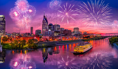 Fototapeta Nashville skyline with sunset and fireworks obraz