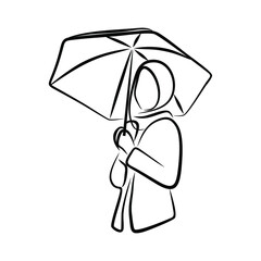 woman hijab use umbrella line art silhouette