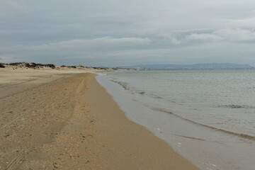 winter the deserted sandy beach goes over the horizon