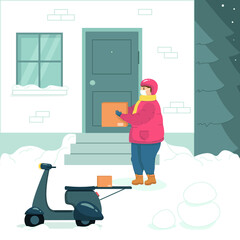 Winter delivery man in protective face mask at house door. Courier delivers package of food or other during quarantine. Safe delivery concept vector flat illustration.