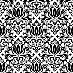 CLassic Damask wallpaper or fabric print vector seamless pattern, retro textile black and white design with floral motif background
