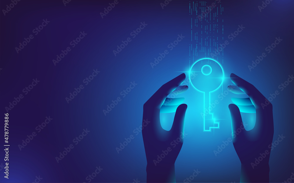 Poster hands in neon light hold a virtual key. vector illustration on the topic of cybersecurity. template 