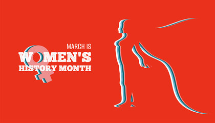 March is Women's History Month. Young girl silhouette on red background. Poster, banner, placard, flyer concept design. Vector illustration