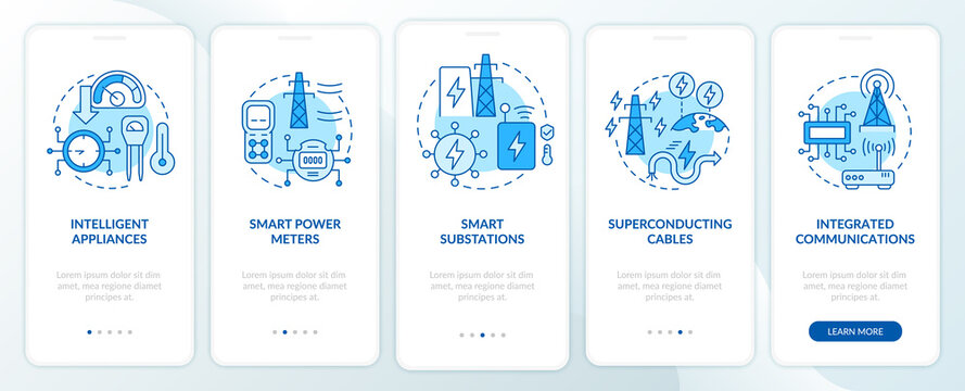 Smart grid components blue onboarding mobile app screen. Power technology walkthrough 5 steps graphic instructions pages with linear concepts. UI, UX, GUI template. Myriad Pro-Bold, Regular fonts used