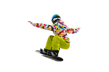 One young woman in bright sportswear, goggles and helmet snowboarding isolated on white studio background. Concept of winter sports