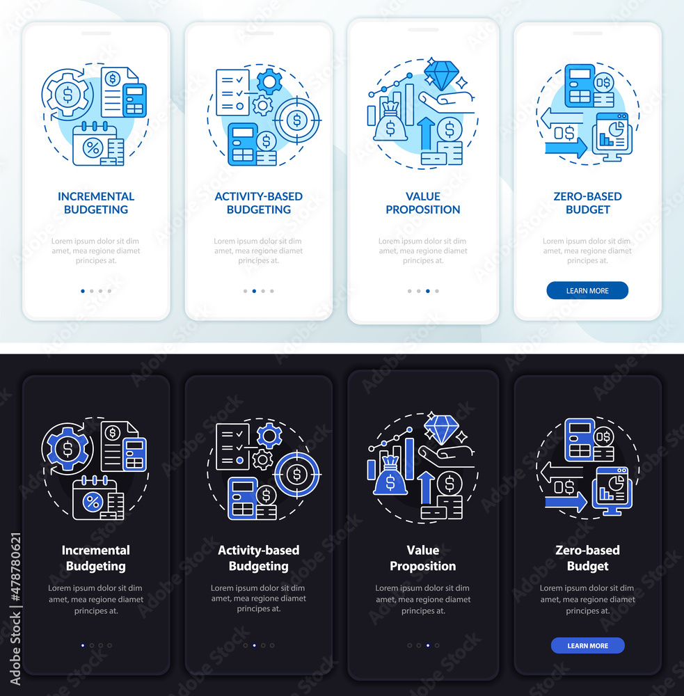 Poster budgeting types night and day mode onboarding mobile app screen. walkthrough 4 steps graphic instruc