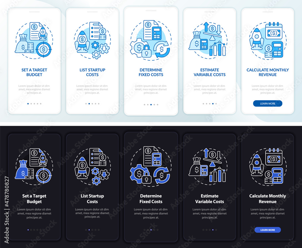 Poster startup budgeting night and day mode onboarding mobile app screen. walkthrough 5 steps graphic instr