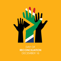 Day of Reconciliation in South Africa vector. Human raised hands silhouette icon vector. Hand shaped south africa flag vector. Day of Reconciliation Poster, December 16. Important day - obrazy, fototapety, plakaty
