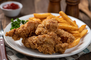 Crispy fried chicken tenders and french fries