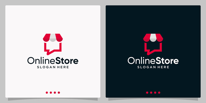 Shopping store logo with chat bubble. Online shop icon simple minimalist logo sign vector illustration. Isolation of objects on a black and white background.