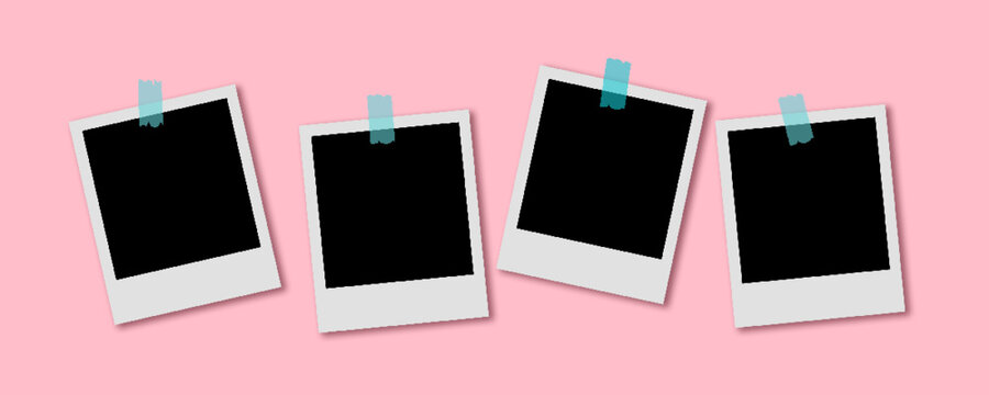 Polaroid photo series vector with scotch tape on pink background