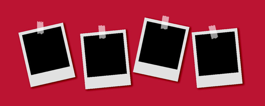 Polaroid photo series vector with scotch tape on red background