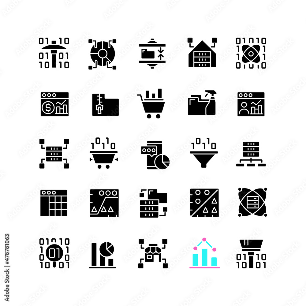 Poster data mining black glyph icons set on white space. knowledge discovering in data. analyze and storage