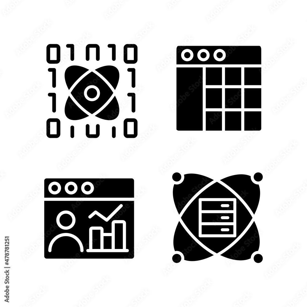 Poster science data mining black glyph icons set on white space. tools for virtual researching. engineering